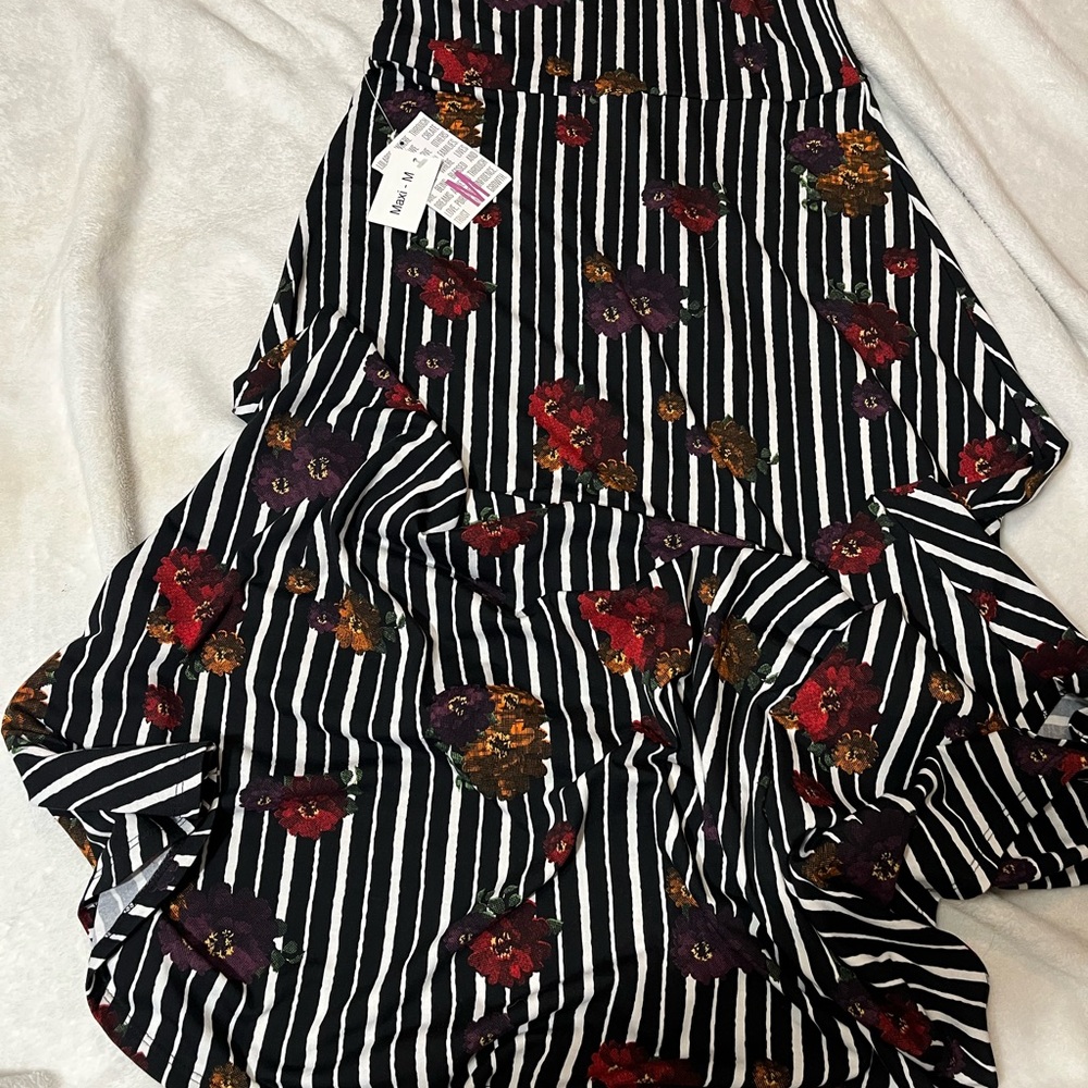 LuLaRoe Asymmetrical Skirt with Black and White Stripes and Floral Accents